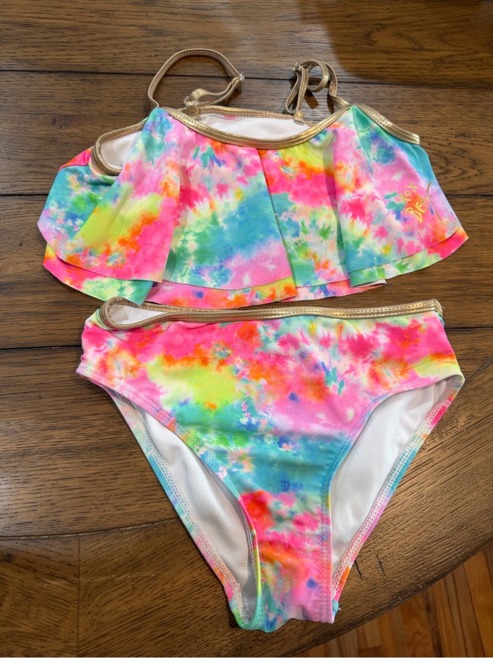 Betsey Johnson Girls' Multicolor Tie-Dye Bikini with Gold Trim M